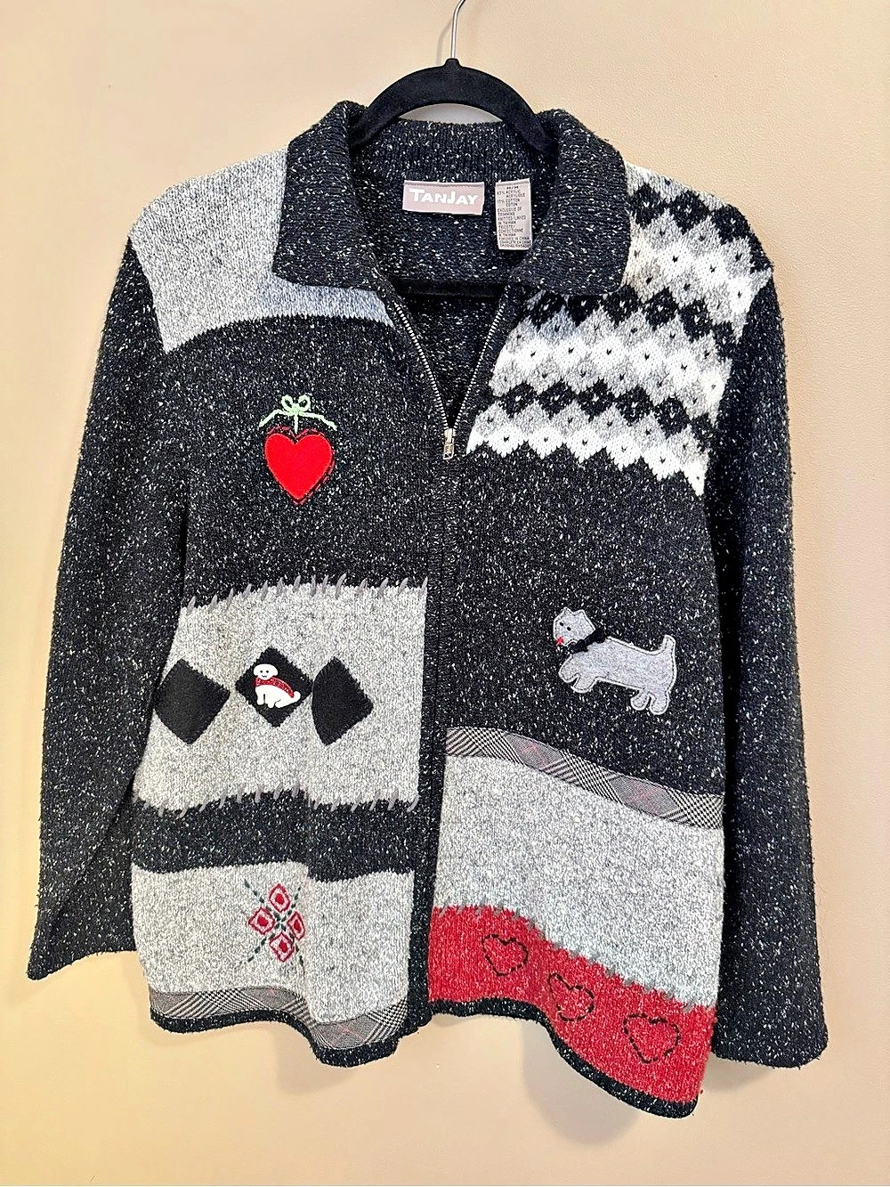 TANJAY Women's Patchwork Dog Heart Zip Front Cardigan Sweater M Grandmacore